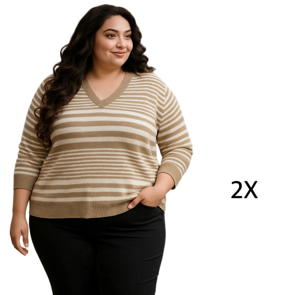 Ava & Viv Fuzzy V-Neck Tunic Tan Striped Pullover Plus Size Sweater-2x-NWT